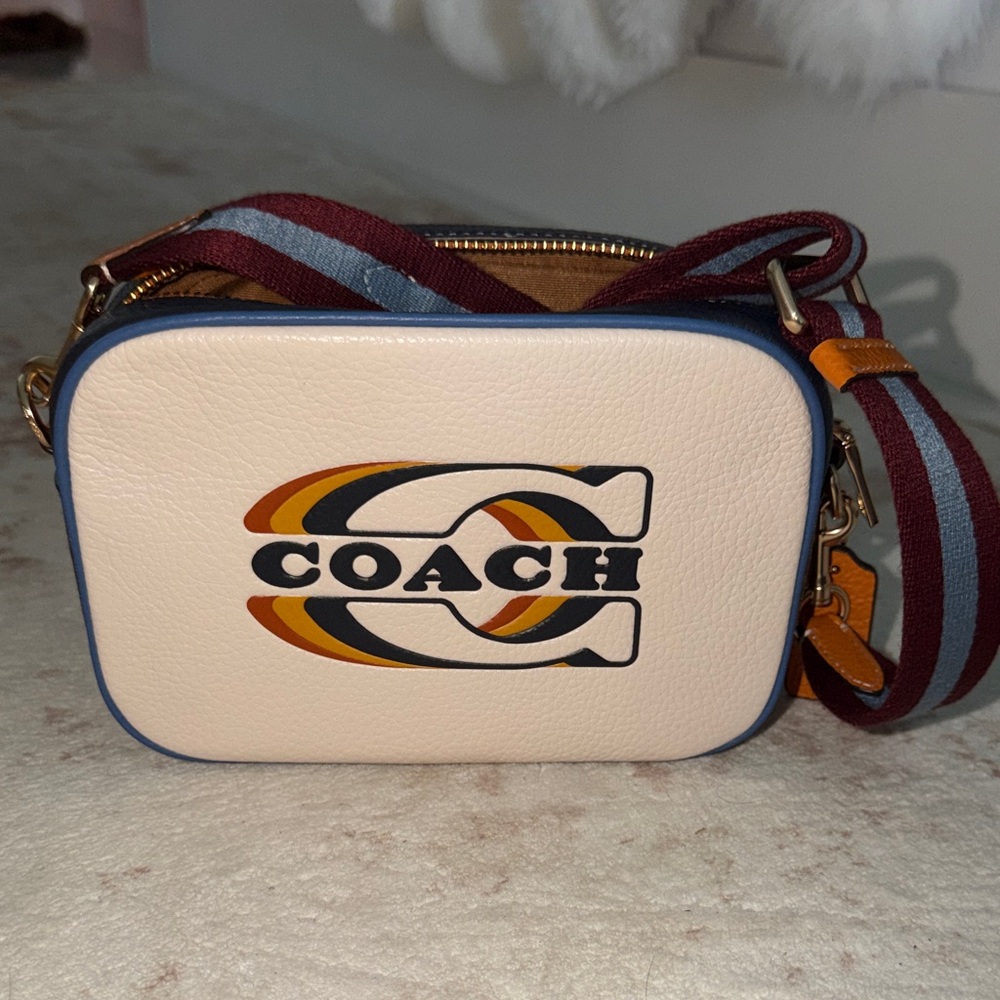 Coach Cream Crossbody Bag with Burgundy and Blue Strap